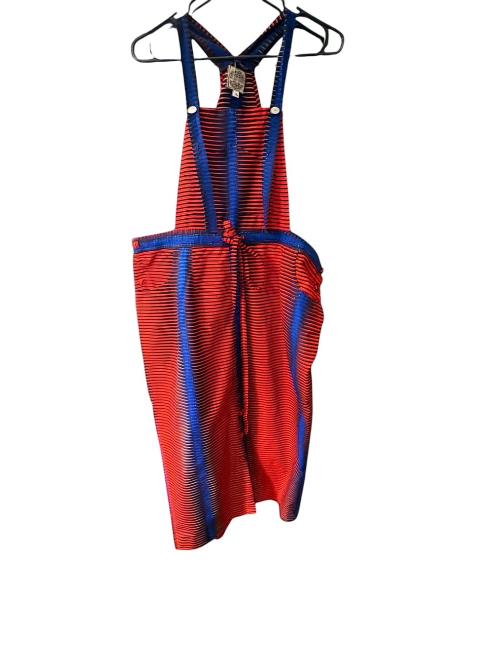 Ba’Zara ‘Pagne Red and Blue Striped Overall Dress African Inspired sz XL